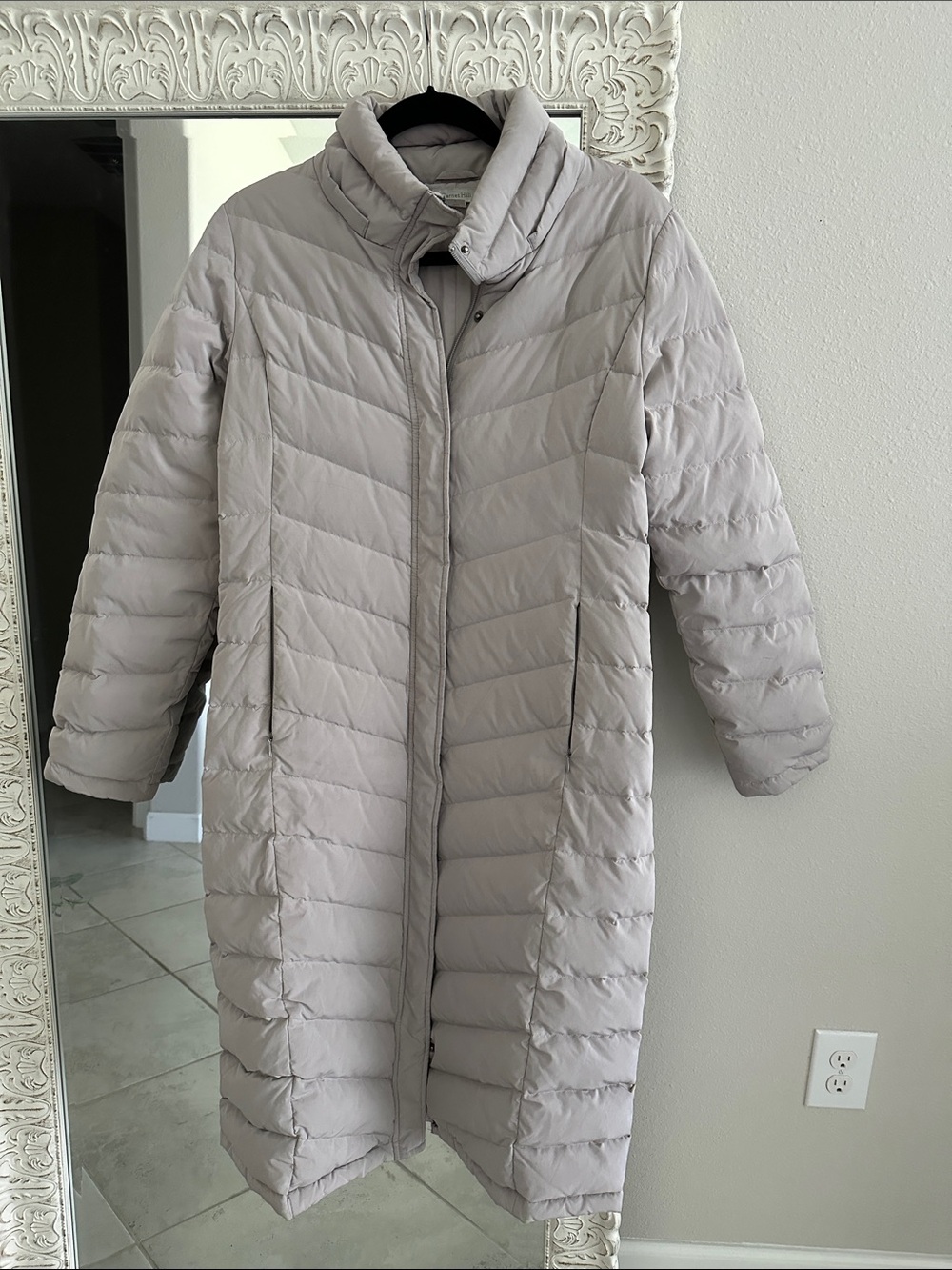 Garnet Hill Light Gray Long Quilted Puffer Coat